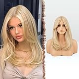 FESHFEN Lang Perücken mit Pony, Damen Perücken Hellblond Haar Natürlicher Look Synthetik Haarperücke für Frauen 45 cm