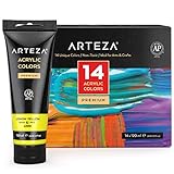 ARTEZA Acrylfarben, Set mit 14 Farbtuben, 120 ml Acrylfarbe pro Tube, Künstler Farben für Leinwand, Steine, Holz, Künstlerbedarf für Acrylmalerei