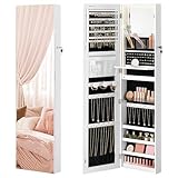 SONGMICS Schmuckschrank 140 cm hoch, Schmuckorganizer mit beleuchtetem Innenspiegel, Spiegelschrank wand- oder türmontiert, abschließbar, Geschenkidee, wolkenweiß JJC032W01