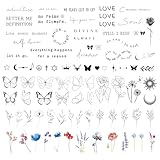 DIVAWOO Realistische Temporäre Tattoos- 86 Blatt Winzige Kleine Falsch Fake Tattoos- 21 Stück Inspirierende Worte, 65 Stück Wilde Blumen Blumenblätter Schmetterlinge Für Frauen Körper