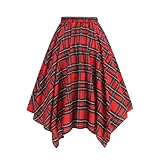 Faltenrock für Damen, knielang, unregelmäßiger Sommerrock, karierter Rock, elastische Taille, A-Linie, Midi-Faltenröcke, mehrere Farben, fließender, unregelmäßiger Saum, für Arbeit, Alltag, rot, M