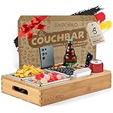 BASICBIRD® Couchbar Snackbox - Organizer Tablett- Snackspender mit 3X Snackschale - Holz Sofatablett für Sofa, Deko, Couch Bar mit Getränkehalter - Snackbox mit Fächern – Wohnmobilausstattung