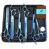 TTOOGO Professionelle Hundepflege -Scheren -Set - 8,0 Zoll 5 -teilig blaues Pflegescherenkit mit gerader, gebogenen, Ausdünnung