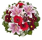 Dominik Blumen und Pflanzen, Blumenstrauß 'Charlotte' mit rosa Lilien, Chrysantheme, Gerbera und Schleierkraut