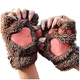 Handschuhe Damen Niedlich Katze Klaue Pfote Plüschwarmen Fingerlose Handschuhe Kawaii Cosplay Kunstpelz Warm Katzen Handschuhe Winter Halbfingerhandschuhe für Mädchen Frauen (Brown, One Size)