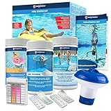 Veddelholzer 5 in 1 Pool Reinigungsset-Poolreiniger, Tester pH, pH Minus Granulat, Chlortabletten für Pool 20g, Chlorgranulat, Skimmer zur Poolpflege mit Anleitung Perfekte Pool & Whirpool Reinigung