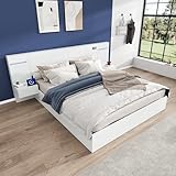 Doppelbett Bettanlage 180x200cm, Holzbett Funktionsbett mit 2X Nachttischen & USB-Anschluss & Bluetooth-Lautsprecher & Digitaluhr & LED Farblichtleiste, Schlafzimmer Komplett-Set, Ohne Matratze, Weiß