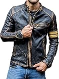 Echtlederjacke für Herren, mit Vintage-Detail, Cafe Racer-Lederjacke, schwarz, Motorradjacke, Schwarz , XL