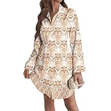 Generisch Blusenkleid Damen Herbst Hemdkleid V-Ausschnitt Herbstkleid Damen Lockeres Shirtkleid Langarm Hemdblusenkleid mit Tasche und Knopf Blumenkleid Boho Elegant Freizeitkleid Knielang