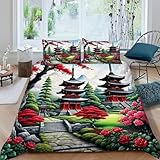 HOGDISAJD Orientalische Architektur Bettwäsche Weiche Feder Japanischer Stil 3D Gedruckt Bettdeckenbezug Und 2 Kissenbezug Luxus Bettbezug Set 3Pcs Für Kinder Jugendliche Double（200x200cm）