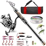 Angelrute Set Komplett 2.7M,HassoKon Carbon Fiber Angelruten Teleskoprute und Spule Combo Kit mit Angelschnur Angelköder Set und Tragetasche für Kinder Erwachsene Salzwasser Süßwasse Fishing（2.7M）