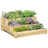 Outsunny Hochbeet, 3-stufige Blumenkasten, Pflanzenbeet mit Stoffauskleidung, Kräuterbeet, Blumentreppe für Balkon, Garten, Holz, Natur, 93 x 93 x 35 cm