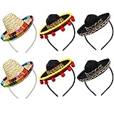 Set von 6 Cinco de Mayo Stroh-Sombrero Stirnband Fiesta Stoff Partyhüte mit Ball Fransen Dekoration für Fiesta Hut Partyzubehör, Dia de Muertos, mexikanische Themen-Dekorationen und Partyzubehör