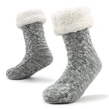 CityComfort Haussocken Herren, Kuschelsocken Herren mit Fleece Futter und ABS Anti Rutsch Noppen (Hellgrauer Zopfstrick)