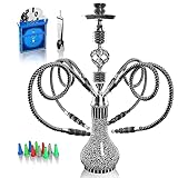 Shisha Komplettset mit 4 Schläuchen, 22'' Großes Shisha Kit für bis zu 4 Personen mit allem inklusive, Keramikschüssel | Premium-Schlauch| Schöne Glasvase (Schwarz GF1)