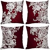 Outdoor Kissen Wetterfest, Blume Kissenbezug 80x80 Outdoor Zierkissenbezüge Rotwein, Doppelseitig Wetterfest Leinen Kissen Unsichtbarem Reißverschluss, Zimmer Deko, Geschenke für Frauen 4er Set, Z-669