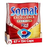 Somat Excellence Premium 5in1 Caps (134 Caps), schnellauflösende Spülmaschinentabs mit Extra Boost, Somat Caps entfernen selbst 72 h eingetrocknete, hartnäckige Essensreste