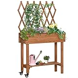 Outsunny Hochbeet mit Rankgitter, Blumenkasten mit Ablage, Pflanzkübel mit Rollen, Pflanzkasten für Terrasse, Balkon, Massivholz, Braun, 79 x 29 x 130 cm