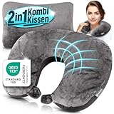 Heimwert Reisekissen - 2in1 Nackenkissen Stützkissen,Nackenhörnchen, 37x27 cm - Travel Pillow für Flugzeug, Camping, Reise - Ergonomisches Kopfkissen mit Microperlen (Grau)