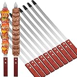 10 Stücke Flache Adana Spieße Edelstahl - 60cm Extra Lange Schaschlikspieße mit Holzgriffen & Schutzkappen - Wiederverwendbares Grillspieße Grillzubehör für Grillbesteck, Fleisch und Gemüse