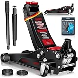 MASKO® Wagenheber hydraulisch 3T Flache Hubhöhe 75-500mm Tief Doppelkolben + 2X Gummiauflage + Handschuhe KFZ Rangierwagenheber hydraulischer 360° Rollen Heber Unterstellbock