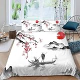 Bettwäsche 200x220 Japanischer Stil Bettwäsche-Sets Tuschemalerei Bettbezug Kuschelig Weich Mikrofaser 3D Druck Bettbezüge mit Reißverschluss + 2 Kissenbezüge 80x80 cm B-6362