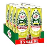 Fairy Max Power Zitrone Handgeschirrspülmittel 8x545ml, effektive Formel für sauberes Geschirr und Fettlösekraft bei fettigsten Töpfen und Pfannen, Flasche mit Auslaufschutz