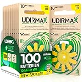 100 Batterien für Hörgeräte PR70 Größe 10 (Gelb) Udirmax Zink-Luft 0% Quecksilber 145V mit Dynamic Sonar Technologie Öko-Pack - 10 umweltfreundliche Blisterpackungen mit 10 Hörgerätebatterien