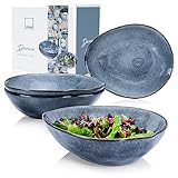 SÄNGER | Salatschüssel Darwin 4 tg, Salad Bowl 4 Personen, Steingut Geschirr Set für Salat, Handmade Salatteller Spülmaschinenfest, Bowl Schüssel Multifunktional Blau 750 ml | PREMIUM COLLECTION