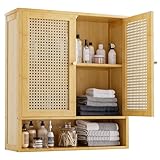 vovala Badezimmer-Wandschrank, Bambus-Aufbewahrungsorganisator über der Toilette mit 2 Rattantüren und verstellbarem Regal, platzsparender Medikamentenschrank für Wäsche, Küche, Wohnzimmer (Natur)