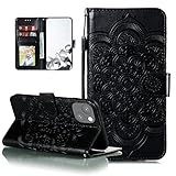 EYZUTAK Mandala Hülle für iPhone 14 Plus 6.7,Premium Leder Brieftasche Kartenfächern Magnetic Ständer Schutzhülle Handyhülle Ultra Slim Case mit Lanyard, Prägung Klapphülle-Schwarz