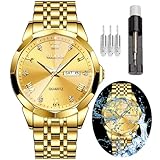 OLEVS Uhr für Männer Diamant Business-Kleid analoge Quarz Edelstahl wasserdicht leuchtende Datum zwei Töne luxuriöse Alltag Armbanduhr, blaue Uhr für Männer, Stahlstreifen Gold