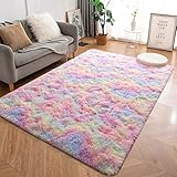 MARATIP Plüsch Teppich, Flauschiger Rundteppich für modernes Wohnzimmer, Kinder Mädchen, weicher und flauschiger Teppich für Schlafzimmer/Wohnzimmer/Kinderzimmer (Regenbogen, 80 x 150 cm)