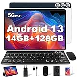 DMOAO Tablet 10 Zoll mit 14 GB RAM 128 GB ROM, Android 13 Tablet mit Tastatur, Octa-Core 1 TB Erweitert, 5G WiFi, Kamera 8 MP + 5 MP, 8000 mAh, BT5.0/GPS/OTG, Silber