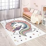 carpet city Teppich Kinderzimmer Einhorn - Creme, Rosa - 80x150 cm - Kinderteppich Kurzflor Unicorn mit Sternen - Weicher Flor