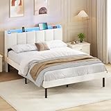 AOGLLATI Polsterbett 140 x 200 cm, Bettrahmen mit LED-Beleuchtung und Ladestation, Bettgestell mit Lattenrost, Jugendbett, Doppelbett mit Kopfteil aus Leinenstoff, Beige Samt(140x200 cm)