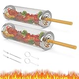 iHomara 2PCS Rollendes Grillkorb-Set, Tragbarer Gitter Grillkäfig mit Gabel, Kochen BBQ Zubehör für Camping Outdoor Grillen, Für Fleisch Fisch Gemüse, Edelstahl, Geschenkkorb für Bbq Enthusias