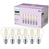 Philips classic A60 LED Lampe, 60 Watt, klar, E27 Sockel, 2700 K warmweißes Licht, 6er Pack