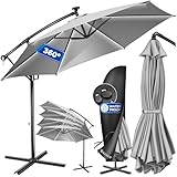 KESSER® Alu Ampelschirm LED Solar Ø350cm Inkl. Abdeckung Fernbedienung Kurbelvorrichtung Kurbelschirm mit Ständer 360° Funktion UV-Schutz Aluminium Wasserabweisend Garten-Schirm Marktschirm Hellgrau