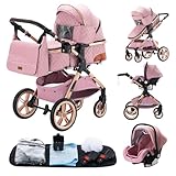 YAZOCO kinderwagen 3 in 1 Buggy Babybett Komplett Set Einem Klick Zusammenklappbarer Kinderwagen, KombiKinderwagen Aluminiumrahmen für Neugeborene Sitzzubehör (5 Rosa)