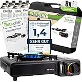 GREEN CAMP® Gaskocher inkl. 8 Kartuschen Campingkocher mit Piezozündung - Camping Gaskocher stufenlos regulierbar - Gaskocher Camping 1 Flammig