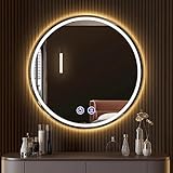 LLZJDDPLY Badspiegel, Rahmen Aus Aluminiumlegierung, Runder Beleuchteter Badezimmerspiegel, Vorder und Hintergrundbeleuchtung, Stufenlos Dimmbar In 3 Farben, Antibeschlag(Gold,70cm/27in)