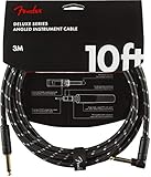 Fender Deluxe Series Gitarreninstrumentenkabel, hochwertiges Kabel für E-Gitarre, E-Bass, langlebig, störungsfrei, robust, 3m Länge, gerade Winkelstecker, schwarz-weißes Tweed-Design