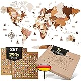 WOW WOOD Premium Wanddeko 3D Weltkarte Holz in Deutsch mit Pins | Werkzeuglose Wandmontage | Eine Geschenkidee für jede Gelegenheit | Wand deko Holz für Wohn- und Büro Deko (Holzfarbe, 120x62 cms)