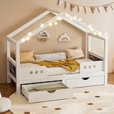 VIEKOS Kinderbett 90×200cm mit Dachdesign, 2 großen Schubladen und stabilem Holz+MDF-Rahmen, UV-Lackierung Fast geruchsfrei, Belastbar bis 120 kg, geeignet für Matratze
