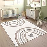 Teppich Kinderzimmer Kinderteppich Junge Mädchen Pastell 3D Effekt Modern Regenbogen Herz Beige Creme Grau, Grösse:80x150 cm