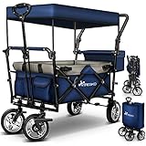 TRESKO® Bollerwagen faltbar mit Dach | Handwagen mit 2x3-Punkt Gurtsystem | Gartenwagen klappbar bis 80 kg | Transportwagen mit Vollgummi-Reifen + Vorder- und Hinter-Bremse + Tragetasche (Blau)