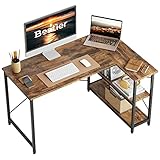 Bestier Computertisch 120CM Reversibel Schreibtisch L Form Eckschreibtisch mit Regal Verstellbare Höhe Kleiner Bürotisch mit Ablagefächern für Heimbüro Raum Stärker X Form Halterung Tiefbraun