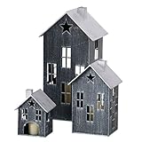 Metall Laterne im 3er Set 36/23 / 14 cm - schwarz - Deko Windlicht in Haus Form mit Stern - Kerzenhalter Lampion Häuser für Innen und Außen