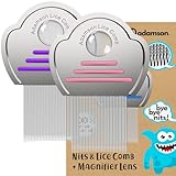 Adamson Läusekamm Kinder - Lice Comb - Edelstahl Nissenkamm Extra Fein - Effektiver Läusekamm Nissenkamm - Langlebig und Leicht zu Reinigen - Rosa und Lila Set